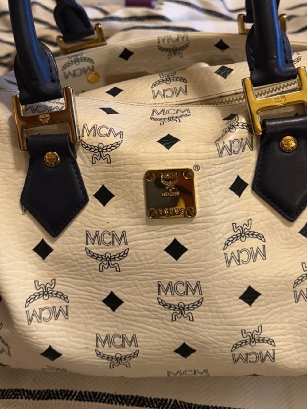 MCM Cream Visetos Satchel with Black Handles and Gold Hardware